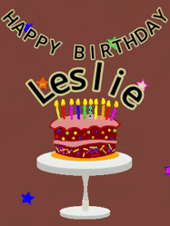 Happy Birthday Leslie GIF: Animated birthday gif of a chocolate cartoon cake and stars. Animated text can be customized with name.