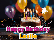 Happy Birthday Leslie GIF: A birthday cake with flickering candles gif with text reading Happy Birthday and a Name slot to customize