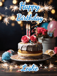 Happy Birthday Leslie GIF: Sparkles and glitter happy birthday gif with a cake and flickering candles and sparklers behind the words happy birthday customize