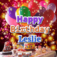 Happy Birthday Leslie GIF: Animated happy birthday gif on a bright red glittery background and 3 lines of text reading Happy Birthday Customize