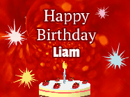 Happy Birthday Liam GIF: A bright red happy birthday gif animated with a cake candle, and glitter and sparkles. Customize with name.