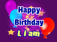 Happy Birthday Liam GIF: A lovely purple birthday gif animated with moving text, a balloon, and bubbles. Customize it.