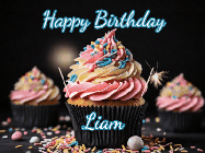 Happy Birthday Liam GIF: A delicious cupcake gif with animated sparkles reading Happy Birthday with a name to customize