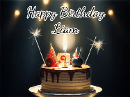 Happy Birthday Liam GIF: Animated birthday cake gif with sparklers on a dark background. Personalize up to 3 lines of text.