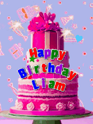 Happy Birthday Liam GIF: A big beautiful birthday cake gif with falling confetti, sparklers, and balloons, reads Happy Birthday Name. Customize it.
