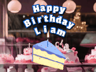 Happy Birthday Liam GIF: A cake shop background with a slice of cake and animated candle reading Happy Birthday Customize.