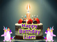 Happy Birthday Liam GIF: An animated gif with 2 unicorns and a birthday candle on a cake.