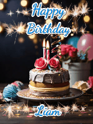 Happy Birthday Liam GIF: Sparkles and glitter happy birthday gif with a cake and flickering candles and sparklers behind the words happy birthday customize