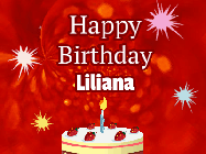 Happy Birthday Liliana GIF: A bright red happy birthday gif animated with a cake candle, and glitter and sparkles. Customize with name.