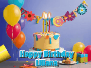 Happy Birthday Liliana GIF: Happy birthday cake animated gif with flickering candles, balloons, confetti, and text to customize.
