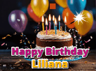 Happy Birthday Liliana GIF: A birthday cake with flickering candles gif with text reading Happy Birthday and a Name slot to customize