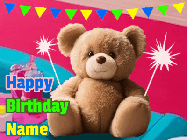 Happy Birthday Liliana GIF: A cute birthday teddy bear animated birthday gif with the bear holding sparklers and text to customize.
