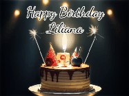Happy Birthday Liliana GIF: Animated birthday cake gif with sparklers on a dark background. Personalize up to 3 lines of text.