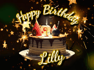 Happy Birthday Lilly GIF: Bursting stars fall past a birthday cake in this animated birthday gif with name you can customize. Dark background.