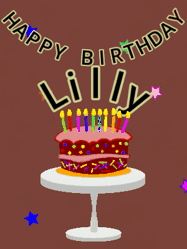 Happy Birthday Lilly GIF: Animated birthday gif of a chocolate cartoon cake and stars. Animated text can be customized with name.