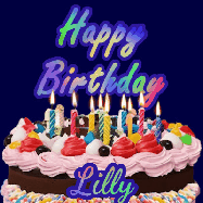 Happy Birthday Lilly GIF: A dark blue birthday gif with a beautiful cake with flickering candles, background sparkles and a name to customize.