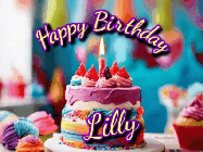 Happy Birthday Lilly GIF: A colorful animated birthday gif of a cake and falling stars with a flickering candle. Text reads Happy Birthday and Customize.