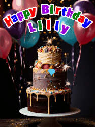 Happy Birthday Lilly GIF: Beautiful birthday cake animated gif, a celebration of balloons, confetti, and sparklers. Customize banner and name.