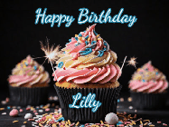 Happy Birthday Lilly GIF: A delicious cupcake gif with animated sparkles reading Happy Birthday with a name to customize