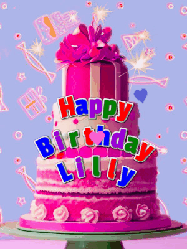 Happy Birthday Lilly GIF: A big beautiful birthday cake gif with falling confetti, sparklers, and balloons, reads Happy Birthday Name. Customize it.
