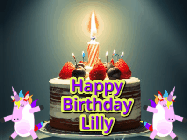 Happy Birthday Lilly GIF: An animated gif with 2 unicorns and a birthday candle on a cake.