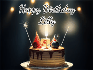 Happy Birthday Lilly GIF: Animated birthday cake gif with sparklers on a dark background. Personalize up to 3 lines of text.