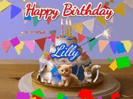 Happy Birthday Lilly GIF: Happy Birthday Cake GIF with a cat, lamb, and squirrel on the cake with flickering candles, a sparkler, and falling confetti. Reads Happy Birthday Name and you can customize the name