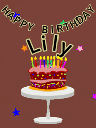 Happy Birthday Lily GIF: Animated birthday gif of a chocolate cartoon cake and stars. Animated text can be customized with name.