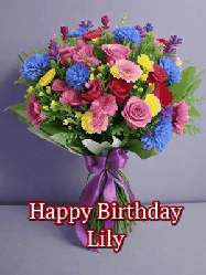 Happy Birthday Lily GIF: A beautiful animated birthday gif with a bouquet of flowers and animated hearts reading Happy Birthday Customize