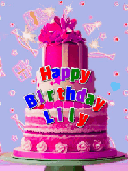 Happy Birthday Lily GIF: A big beautiful birthday cake gif with falling confetti, sparklers, and balloons, reads Happy Birthday Name. Customize it.