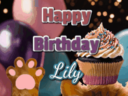 Happy Birthday Lily GIF: Cute Kitten Birthday Cupcake GIF with a cupcake raised by a cats head, then it pulls down text reading Happy Birthday Name