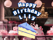Happy Birthday Lily GIF: A cake shop background with a slice of cake and animated candle reading Happy Birthday Customize.