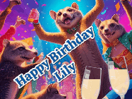 Happy Birthday Lily GIF: Happy Birthday GIF depicting a mongoose party with animated fireworks, sparkles and champagne. Reads Happy Birthday Name. Customize it.