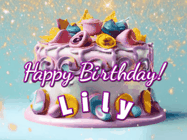 Happy Birthday Lily GIF: A beautiful birthday cake gif with animated sparkles and glitter Happy Birthday Name you can customize
