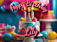 Happy Birthday Lily GIF: Animated birthday gif with a beautiful colorful birthday can and sparkles in the air. It reads Happy Birthday Customize.