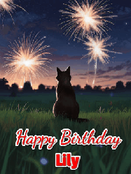 Happy Birthday Lily GIF: An animated gif at night showing the backside of a sitting cat who watches sparkle and fireworks over a meadow. Customize name and happy birthday.