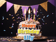 Happy Birthday Lily GIF: Happy birthday cake animated gif with flickering candles, animated text, and falling confetti. Customize text reading Happy Birthday Customize.