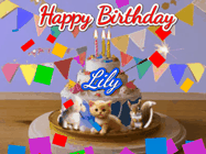 Happy Birthday Lily GIF: Happy Birthday Cake GIF with a cat, lamb, and squirrel on the cake with flickering candles, a sparkler, and falling confetti. Reads Happy Birthday Name and you can customize the name