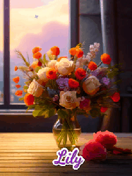Happy Birthday Lily GIF: A vase of flowers and animated hearts pop in and out as the words Happy Birthday Name appears that you can customize