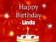 Happy Birthday Linda GIF: A bright red happy birthday gif animated with a cake candle, and glitter and sparkles. Customize with name.