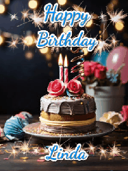 Happy Birthday Linda GIF: Sparkles and glitter happy birthday gif with a cake and flickering candles and sparklers behind the words happy birthday customize