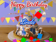 Happy Birthday Linda GIF: Happy Birthday Cake GIF with a cat, lamb, and squirrel on the cake with flickering candles, a sparkler, and falling confetti. Reads Happy Birthday Name and you can customize the name