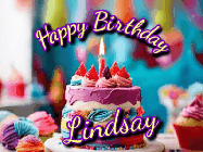 Happy Birthday Lindsay GIF: A colorful animated birthday gif of a cake and falling stars with a flickering candle. Text reads Happy Birthday and Customize.