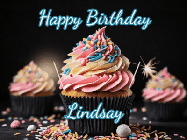 Happy Birthday Lindsay GIF: A delicious cupcake gif with animated sparkles reading Happy Birthday with a name to customize