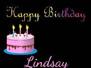 Happy Birthday Lindsay GIF: Animated birthday gif on a black background with gold confetti, a pink birthday cake, and 2 lines of text to customize.