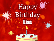 Happy Birthday Lisa GIF: A bright red happy birthday gif animated with a cake candle, and glitter and sparkles. Customize with name.