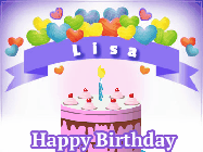 Happy Birthday Lisa GIF: Hearts and stars animated birthday gif with a birthday and birthday banner text you can customize with name.