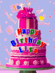 Happy Birthday Lisa GIF: A big beautiful birthday cake gif with falling confetti, sparklers, and balloons, reads Happy Birthday Name. Customize it.