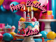 Happy Birthday Lisa GIF: Animated birthday gif with a beautiful colorful birthday can and sparkles in the air. It reads Happy Birthday Customize.