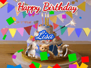 Happy Birthday Lisa GIF: Happy Birthday Cake GIF with a cat, lamb, and squirrel on the cake with flickering candles, a sparkler, and falling confetti. Reads Happy Birthday Name and you can customize the name
